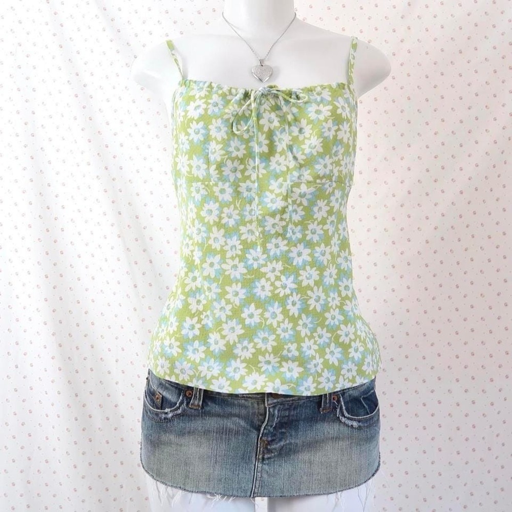 Vintage Made USA Green Floral Milkmaid Cami Tank XS fairycore top